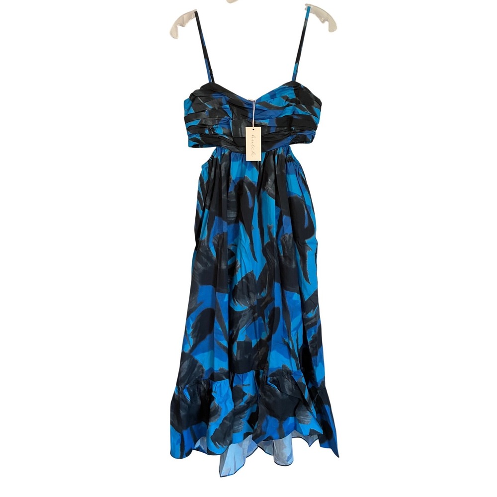 Hutch Blue Black Abstract Floral Cut-Out Midi Dress Tiered High-Low Cotton NWT - Picture 3 of 11